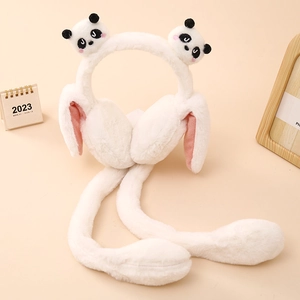 Detail of cute panda plush earmuffs with moving airbag ears and soft faux rabbit fur
