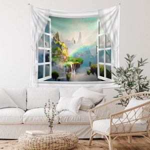 Detail view of 3D window tapestry with fantasy mountain and rainbow landscape for home wall