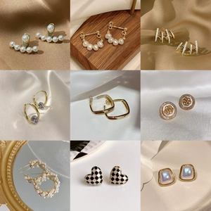 Collection of geometric tassel earrings with pearls and rhinestones on elegant backgrounds