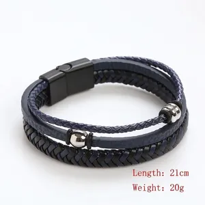 Braided multi-layer leather bracelet with magnetic clasp and metal beads, length 21cm
