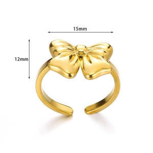 Detailed view of the 15mm gold bow ring showing dimensions and polished titanium steel