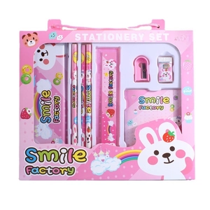 Pink cartoon rabbit stationery set for kids including pencils, ruler, and notebook in a gift box