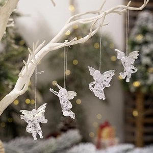 Set of 4 transparent acrylic Christmas angel ornaments with silver wings on tree branches