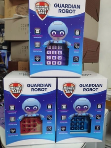 Guardian robot ATM money safe banks in purple red and blue colors showing packaging box