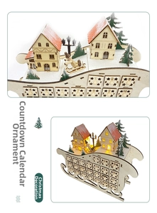 Close-up of wooden Christmas sled calendar with LED lights and 24 numbered drawers