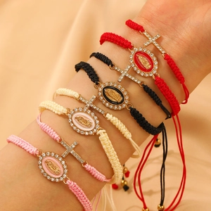 Handmade woven cross and Virgin Mary bracelet set with adjustable cord in four colors