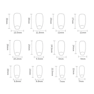 Detailed size chart for long coffin press-on nails showing 12 different nail tip dimensions