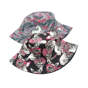 Unicorn and zebra print reversible bucket hats for sun protection in grey and black