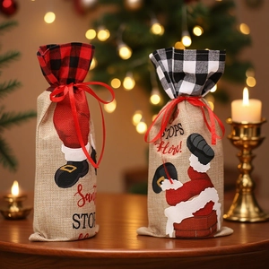Santa Claus chimney burlap wine bottle bags with red and black plaid drawstring and ribbons
