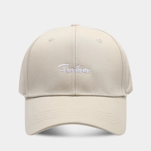Classic beige cotton baseball cap with white Forever script embroidery and curved brim