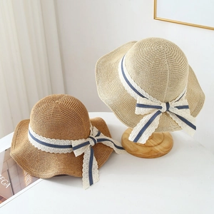 Women Wide Brim Straw Sun Hat Breathable Paper Straw Bucket Hat With Lace Ribbon Bow Knot Adjustable Summer Beach Travel
