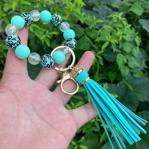Tiffany blue silicone bead bracelet with leopard print and elegant long tassel keychain