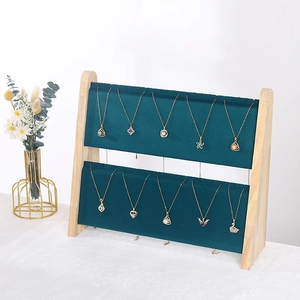Double-layer dark green velvet necklace display stand with premium wooden structure