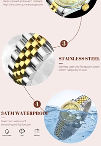 Detail of 3ATM waterproof quartz watch with stainless steel five-link band and diamond bezel