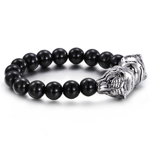 Men Beaded Bracelet Stainless Steel Animal Head Wolf Dragon Tiger Retro Punk Style Jewelry Glass Beads Black