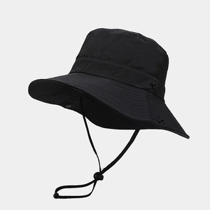 Black outdoor wide brim sun hat with adjustable chin strap and windproof cord