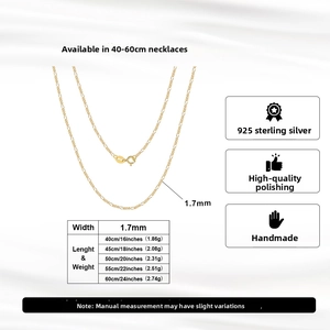 Size chart for 1.7mm 925 sterling silver Figaro chain necklace in gold finish
