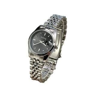 Elegant silver women watch with charcoal grey dial and adjustable steel link bracelet
