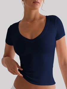 Detailed view of deep V-neck slim fit short sleeve t-shirt in dark blue cotton