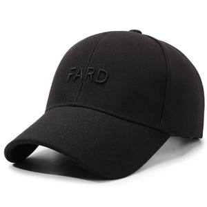Classic black cotton baseball cap with 3D FARD embroidery and curved brim in side view