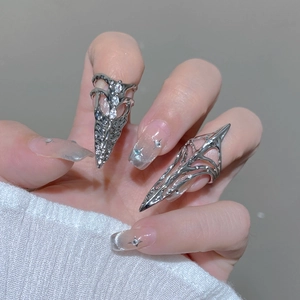 Gothic punk silver adjustable nail ring set with white cubic zirconia for men and women