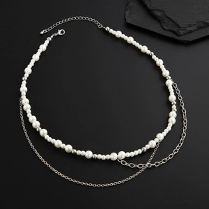 Men's hip-hop double-layer necklace with white pearls and silver metal tassel chains