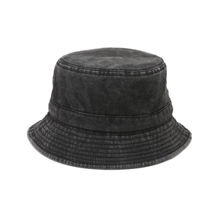 Vintage dark grey washed denim bucket hat with short brim and side metal eyelets