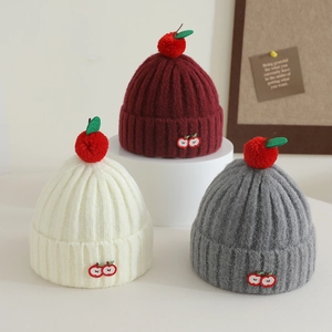 Thick vertical striped knit apple beanies for toddlers in cream, burgundy and grey colors