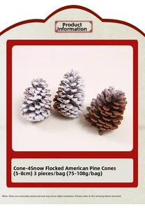 Detailed view of 3pcs flocked pine cones with white faux snow for Christmas decor