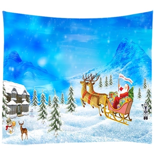 Christmas tapestry with Santa, reindeer, and snow house on a blue winter background