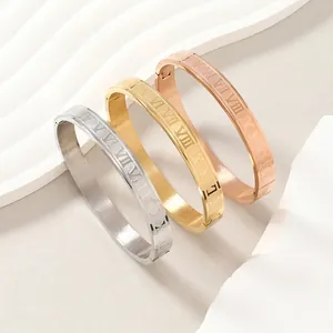 Fashion Stainless Steel Roman Numeral Engraved Bangle For Women Simple Gold Rose Gold Silver Side Buckle Bangle Bracelet
