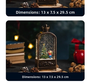Vintage bronze Christmas lantern with snow globe and tree motif, size 13x7.5x29.5cm