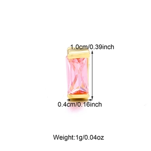 Macro view of gold plated pink rectangular zircon earring with size and weight dimensions