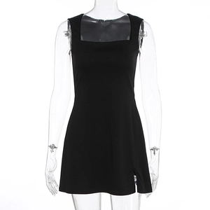 Detail view of square neck black sleeveless dress with a side slit and slim fit design