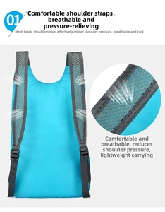 Detail of breathable honeycomb mesh shoulder straps on blue waterproof travel backpack