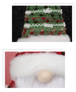 Detail of a Christmas gnome featuring green knit texture and soft white faux fur beard