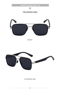 Detailed views of matte silver gray polarized sunglasses for men with metal frame
