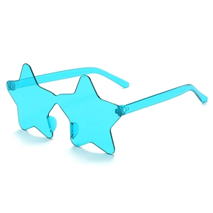 Fashion rimless star shaped blue sunglasses for party with integrated transparent lens