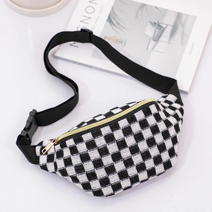 Detail of checkered sports waist bag featuring textured fabric and gold zipper pull