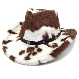 Cow print plush western cowboy hat with vintage metal buckle and turquoise detail