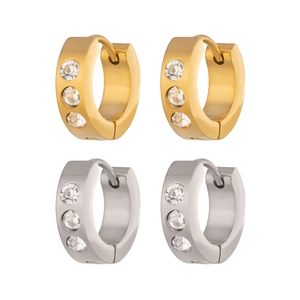 Boucles d'oreilles créoles en acier avec trois pierres en finitions or et argent