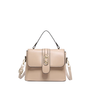 Chic beige textured leather crossbody handbag with golden oval metal clasp and top handle