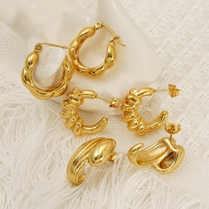 Three pairs of elegant gold plated stainless steel earrings including hoop and stud styles