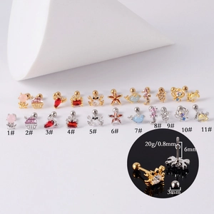 20G nautical stud earrings with colorful cubic zirconia in sea animal shapes