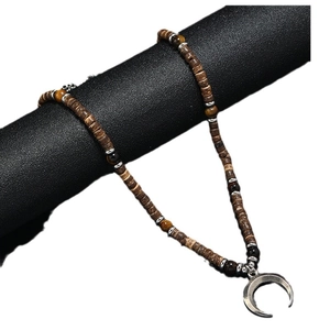 Bohemian beaded coconut shell necklace with silver crescent moon pendant for men
