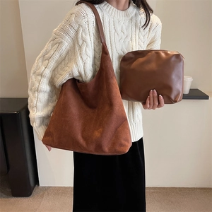 Retro Large Capacity Tote Bag Suede PU Leather Matte Hobo Handbag Women Leopard Rivet Decorative Shoulder Bag