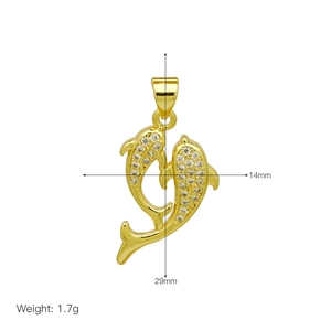 Detail view of gold-plated double dolphin pendant with 14mm width and 29mm height
