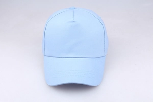 Detailed top view of light blue pure cotton five-panel baseball cap with curved brim