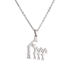 Polished stainless steel family necklace featuring a mother and four daughters silhouette