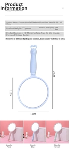 Detailed dimensions of 22cm cartoon handheld mirrors in pink, blue and green